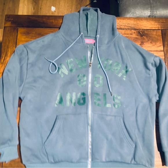 Edikted Blue Hoodie with Green New York 80 Angels Print M/L - Picture 1 of 7